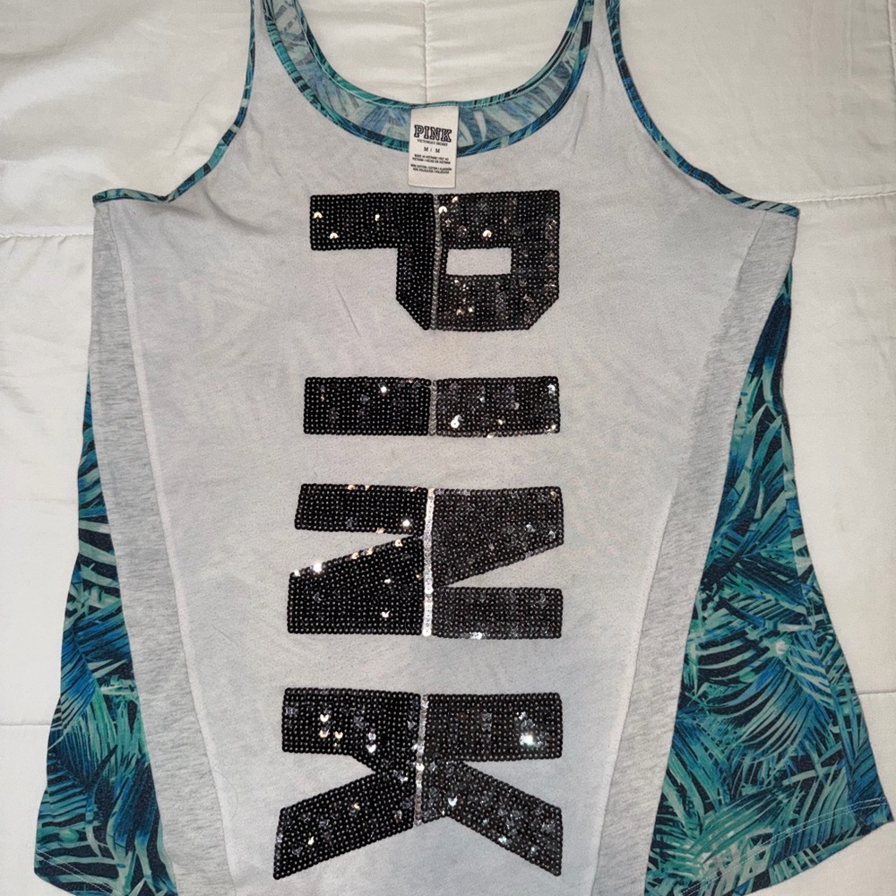 Victoria's Secret PINK White Tank with Teal Trim and Silver Sequin Logo